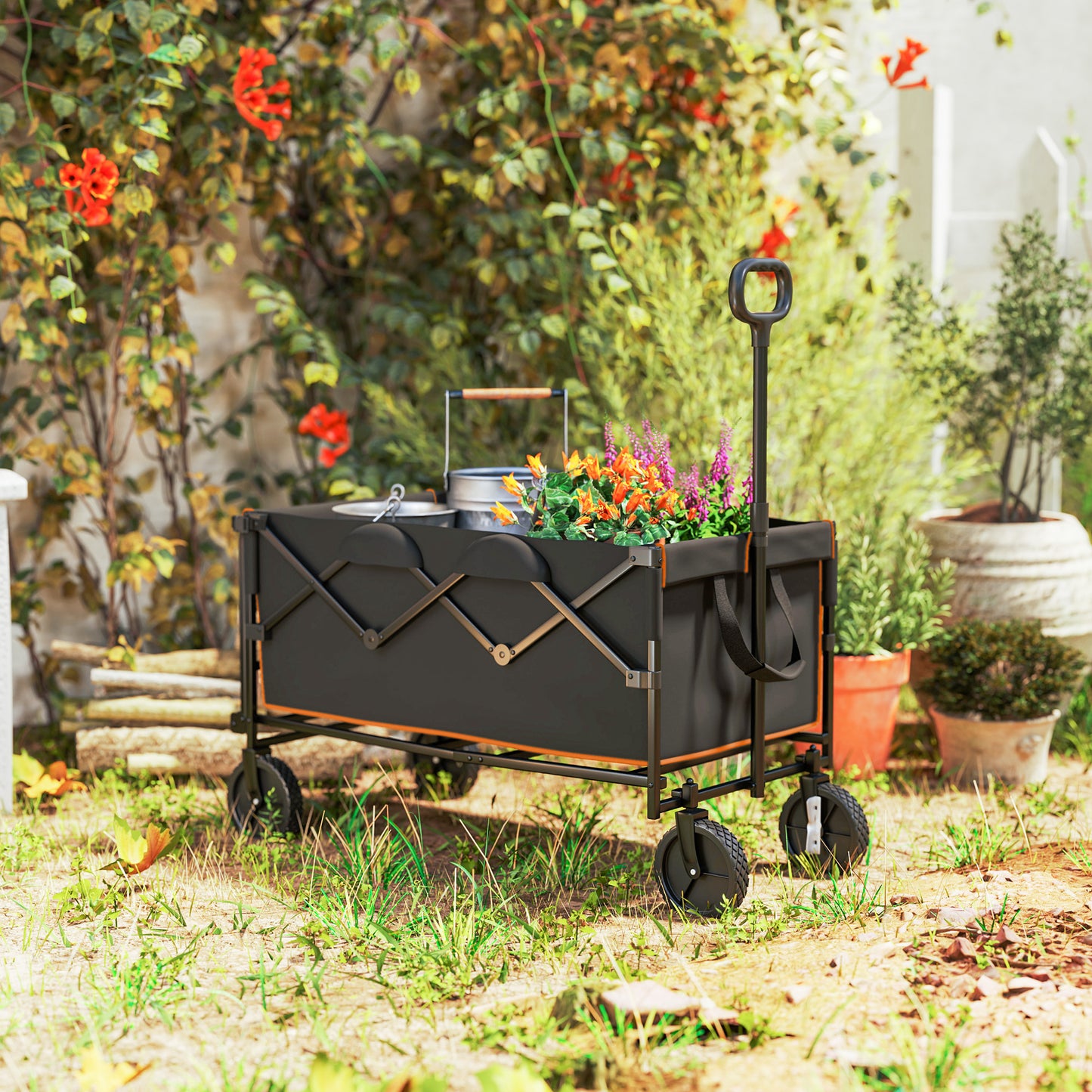 160L Festival Trolley on Wheels, Folding Camping Trolley Cart w/ Tailgate, 100kg Heavy Duty Garden Collapsible Folding Wagon w/Adjustable Handle, Carry Bag for Beach Picnic