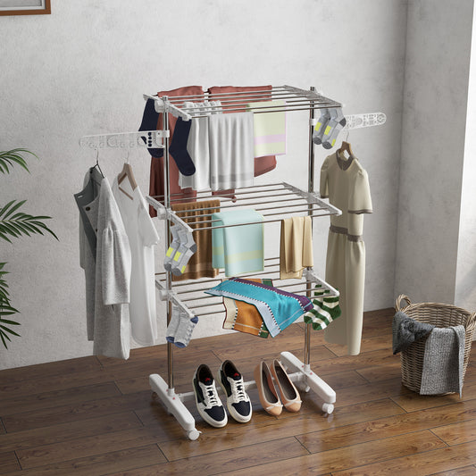 3 Layers Folding Laundry Clothes Airer Drying Rack Hanger Stand - White/Silver