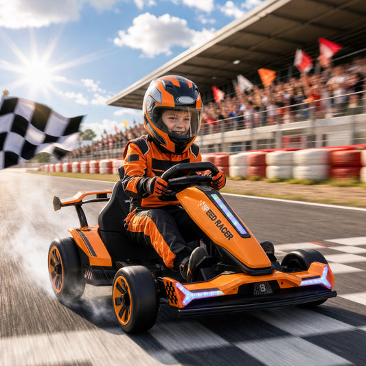 24V Electric Go Kart for Kids | Drift Mode In-Place Spin | 3 Speeds 8–12km/h | Slow Start Forward & Reverse | Adjustable Seat | Multicolour Lights Music Horn USB | 2-Point Belt | 50kg | 131.5x76.5x53.5cm | Ages 6–12 | Orange Blue Pink Black