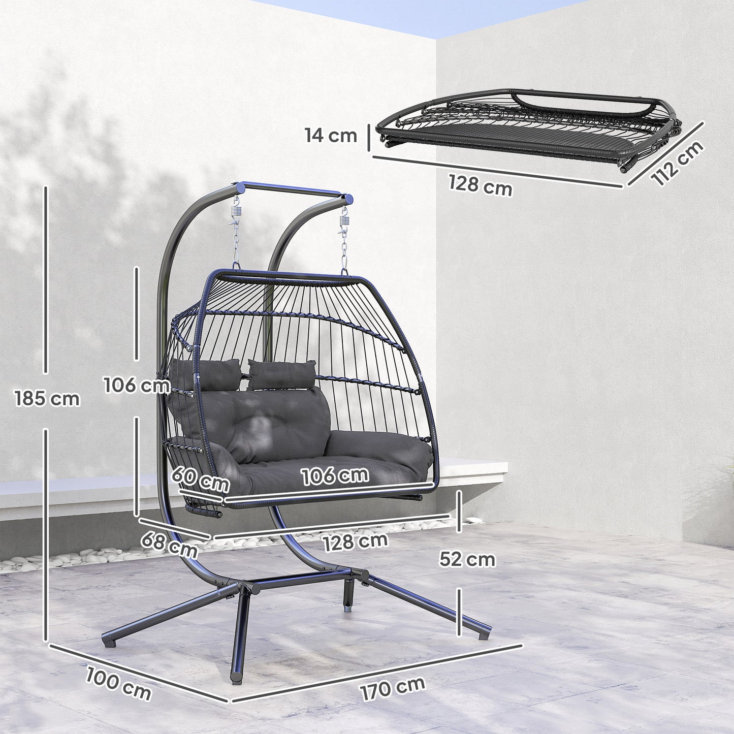 Outsunny Rattan Double Hanging Egg Chair with Stand, Foldable Wicker Swing Egg Chair with Cushion, Head Pillows, Steel Frame, Hammock Chair for Indoor Outdoor