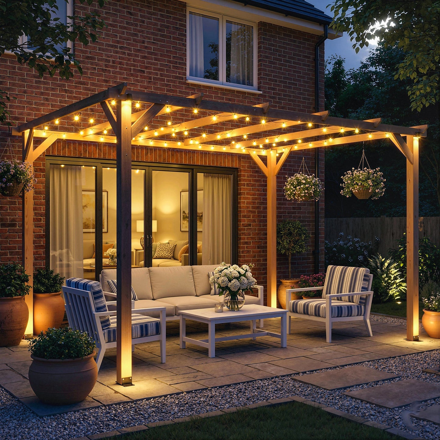 4 x 3 m Wooden Pergola Kit, Garden Pergola Gazebo Grape Trellis with Triangle Supports, 6 Beams, Maple Wood-effect