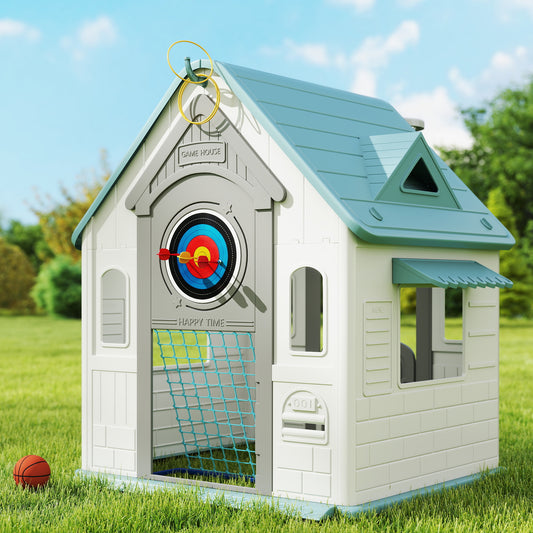 AIYAPLAY 5-in-1 Playhouse for Kids Outdoor Indoor with Basketball Hoop, Football Goal, Dartboard, Ring Toss for 2-5 Years, Beige / Pink