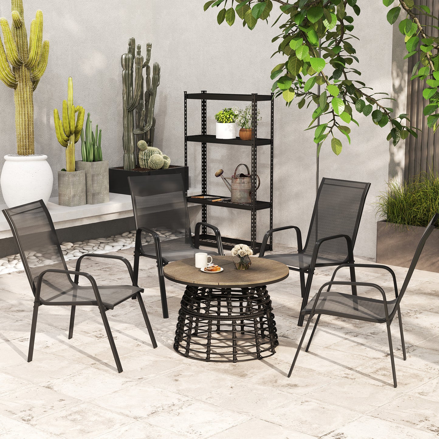 Outsunny Set of Four Stackable Mesh Seat Garden Outdoor Dining Chairs - Black