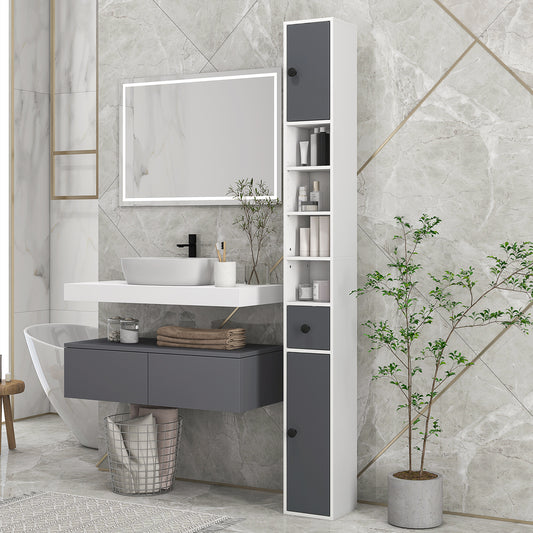 Kleankin 180cm Tall Slim Bathroom Cabinet, Narrow Toilet Roll Storage with Open Shelves, 2 Door Cabinets, Adjustable Shelves, for Kitchen, Hallway, Living Room, Grey