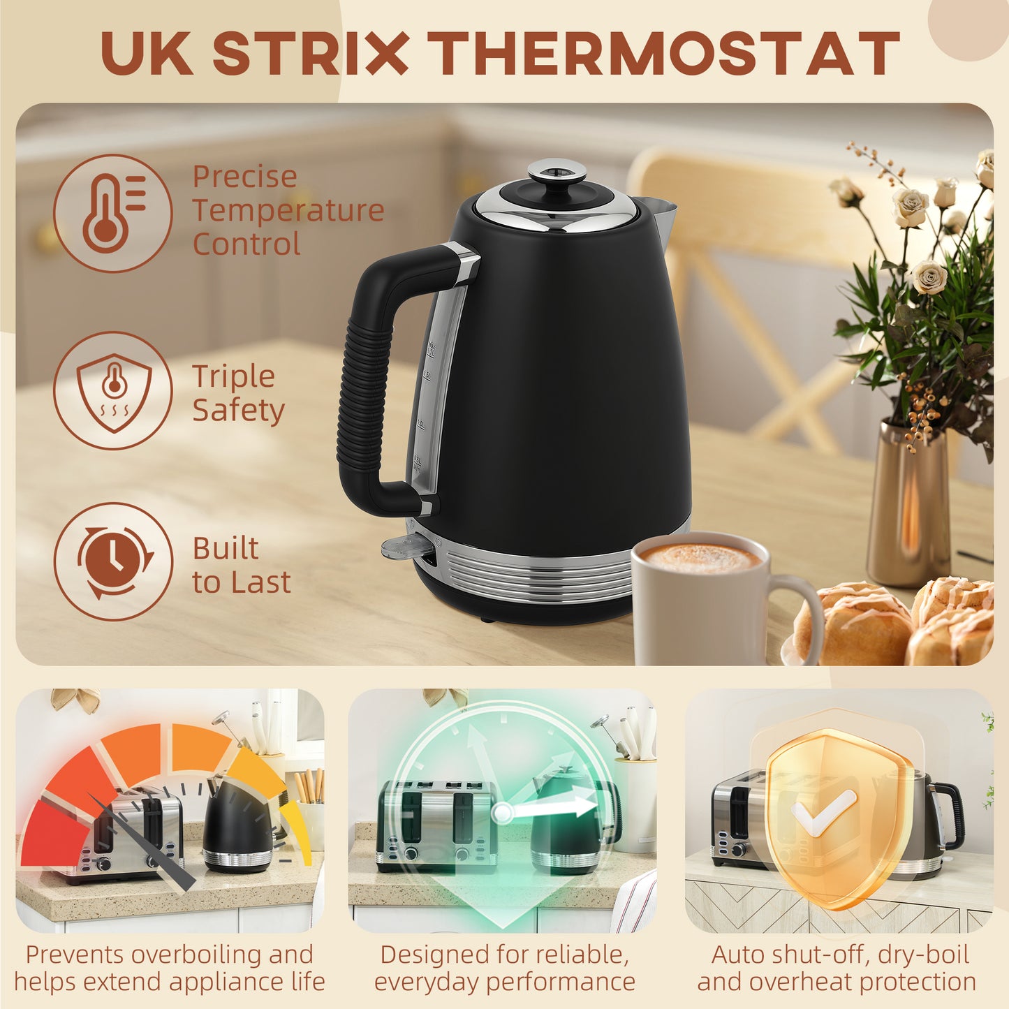 Stainless Steel Kettle and Toaster Set, 1.7L 3000W Rapid Boil Jug Kettle with UK Strix Thermostat, Limescale Filter, 4 Slice Toaster with 7 Browning Controls, Crumb Tray, Black and Silver Tone