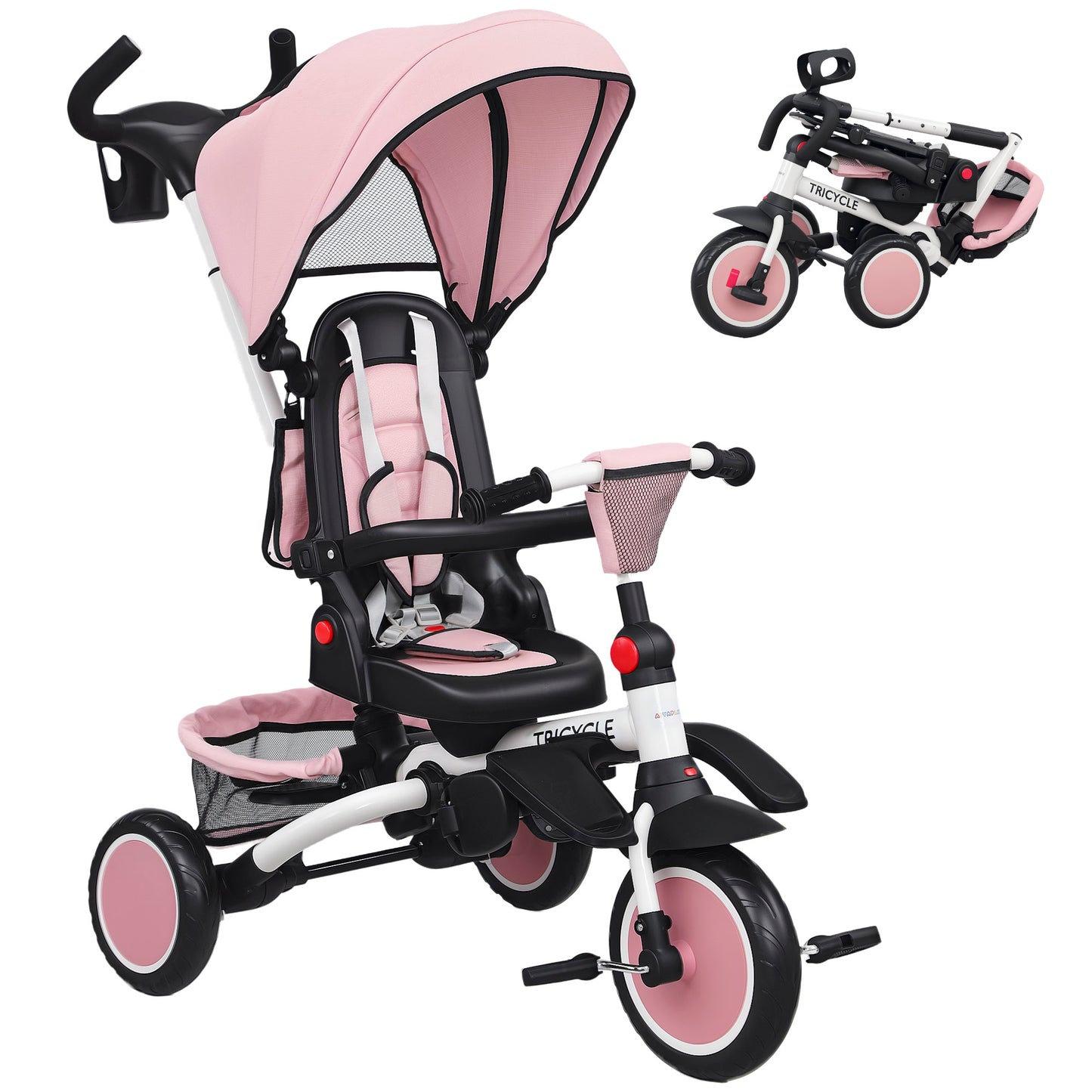 AIYAPLAY 6 in 1 Foldable Kids Trike with Adjustable Parent Handle & Canopy for Ages 1-5, Grey / Black / Pink