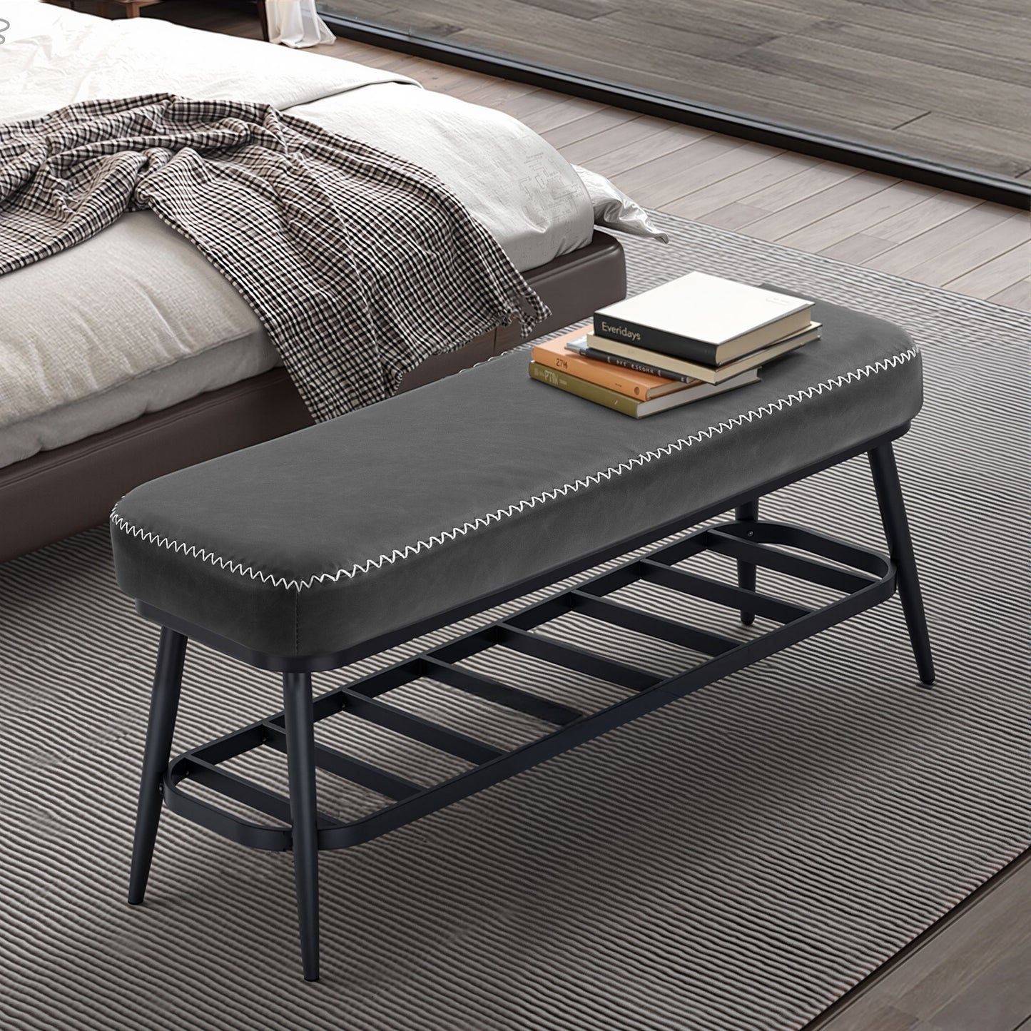 PU Leather Shoe Storage Bench - Charcoal Grey
