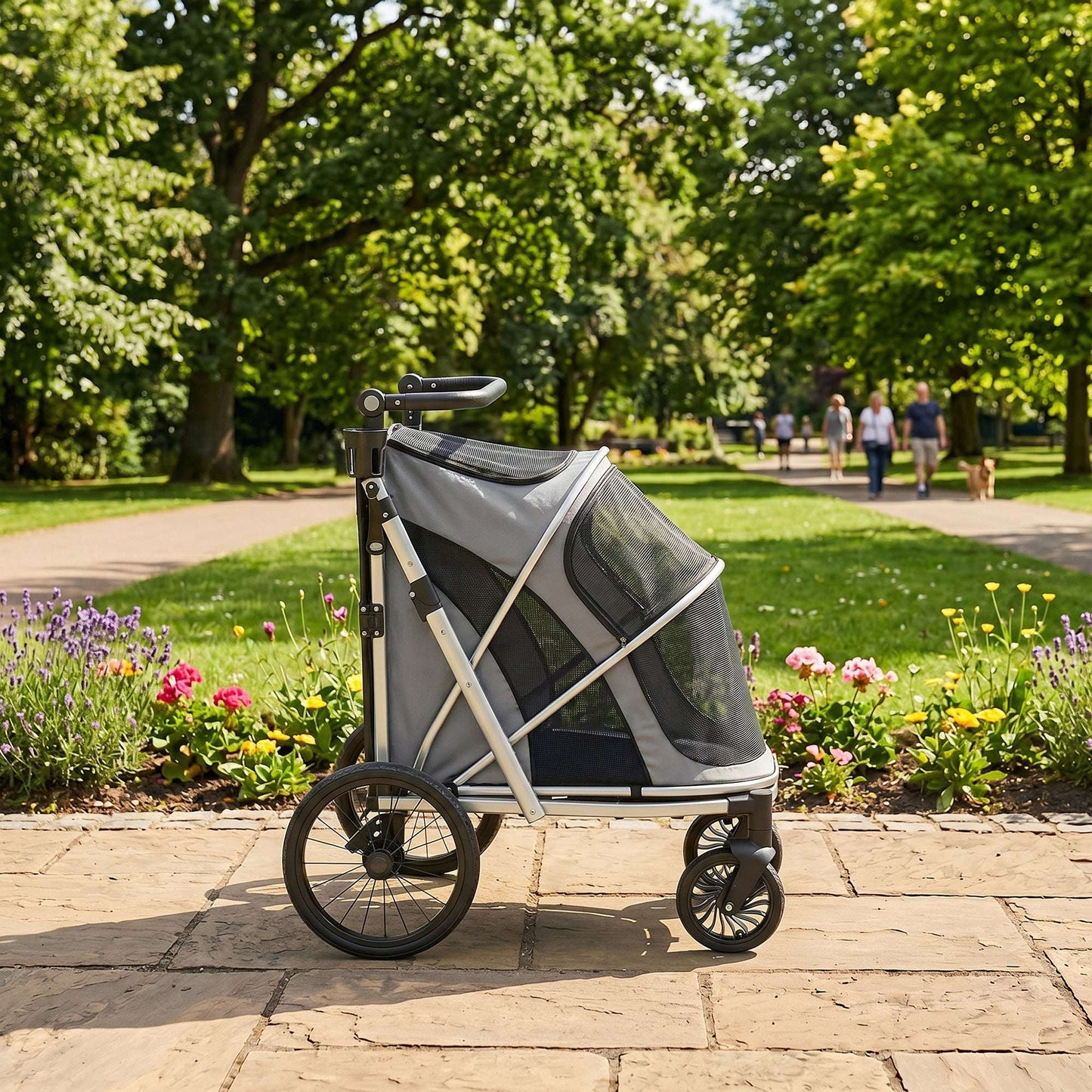 Dog Stroller for Small & Medium Dogs | Rust-Resistant Aluminium Frame | Breathable Mesh Windows | Adjustable Handlebar | Removable Cushion | Quick Fold | 16" & 8" Wheels | 20kg Max | 94x69x118cm | Grey