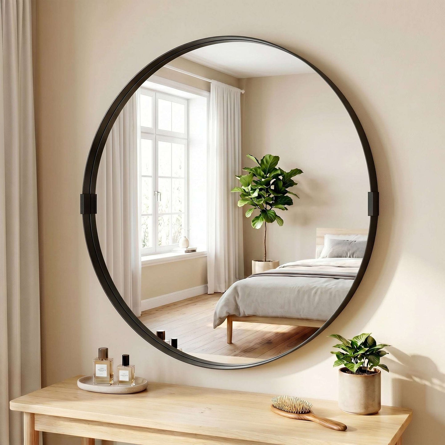 Round Wall Mirror | Shatterproof Tempered Glass | Anodised Aluminium Alloy Frame | 4cm Deep 3D Effect | 61cm Diameter | No Assembly | Black