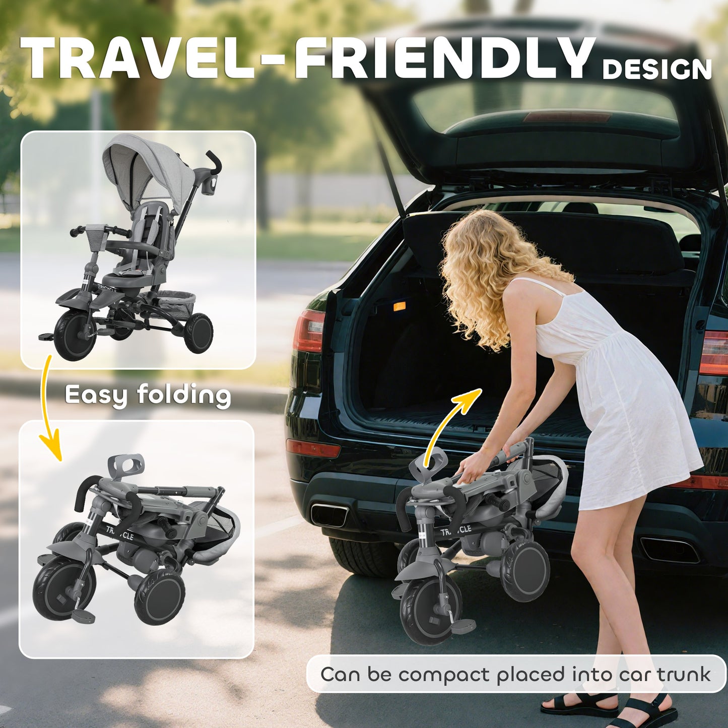 AIYAPLAY 6 in 1 Foldable Kids Trike with Adjustable Parent Handle & Canopy for Ages 1-5, Grey / Black / Pink