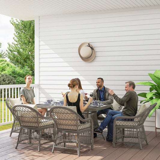 Rattan Dining Set with Seat and Back Cushions, 6 Seater Garden Furniture Set with Aluminium Frame, 6 Chairs, WPC Top Rectangle Table - Grey