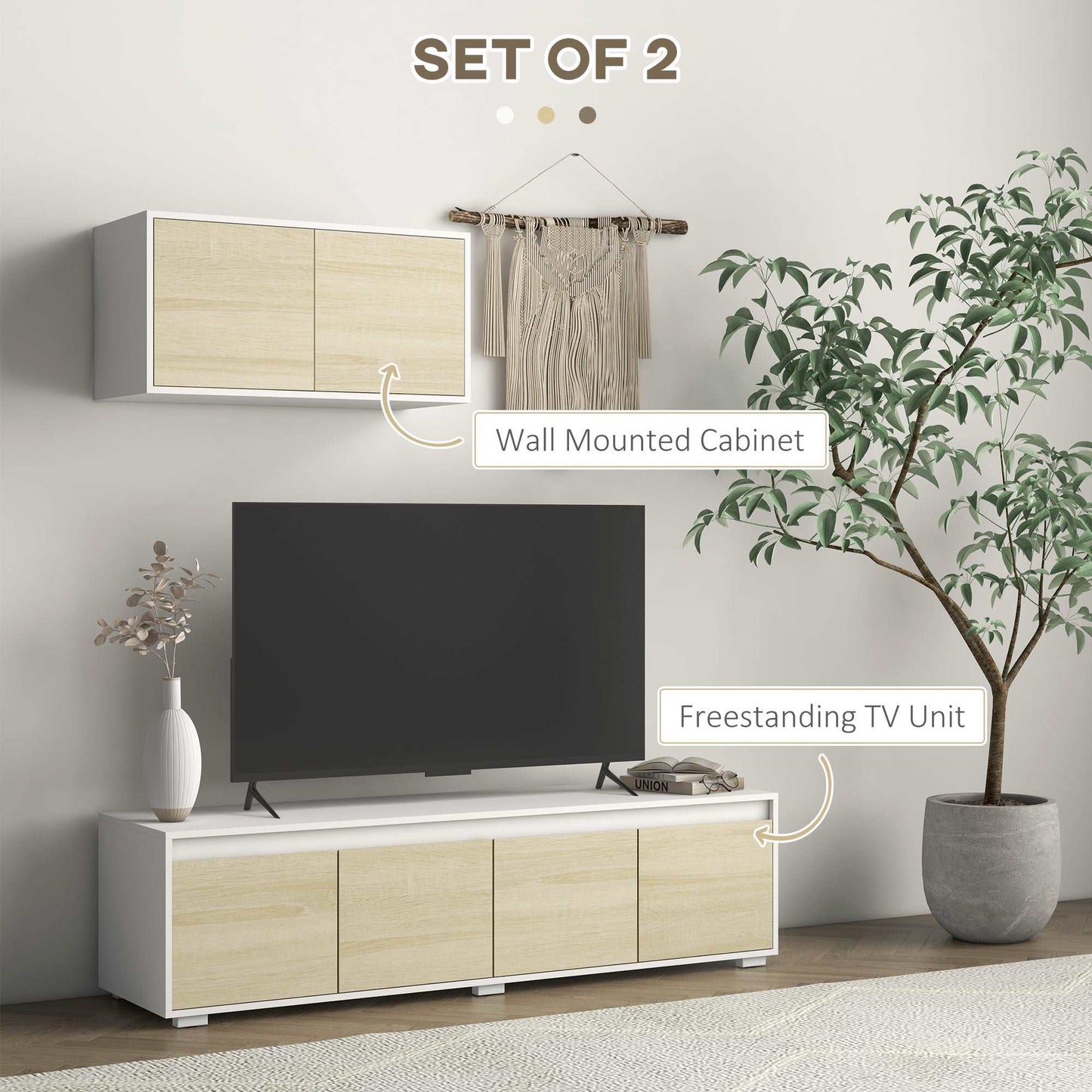 2 Pieces TV Unit Set with Wall Cabinet, Freestanding Unit for 70-inch TVs, Wall Mounted Storage Cupboard, with Adjustable shelves