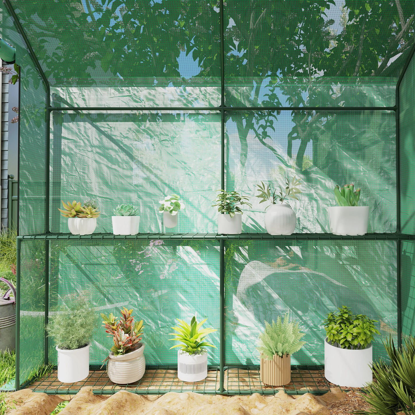 Outsunny Walk-in Greenhouse with 2 Tier 4 Shelves, Small Greenhouse with Reinforced PE Cover, Garden Plant Growhouse with Roll-up Door, 120 x 186 x 190 cm, Green