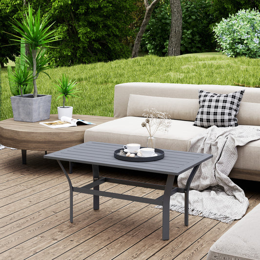 Metal Garden Coffee Table, Rectangular Outdoor Side Table with Slatted Tabletop, Foot Pads for Outside, Garden, Balcony, Porch, 91.5 x 55 x 45cm