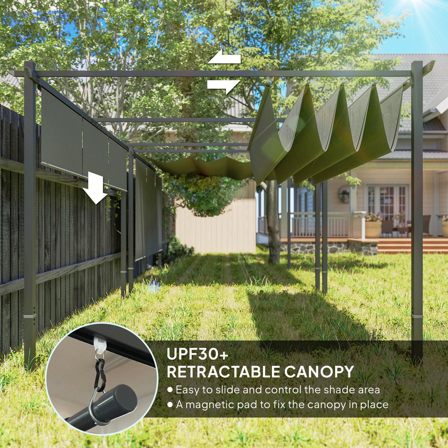 3 x 4m Metal Pergola with Retractable Roof and Roller Shade, Wall-Mounted or Free Standing Garden Gazebo Canopy Kit, Sun Shade Shelter, Grey