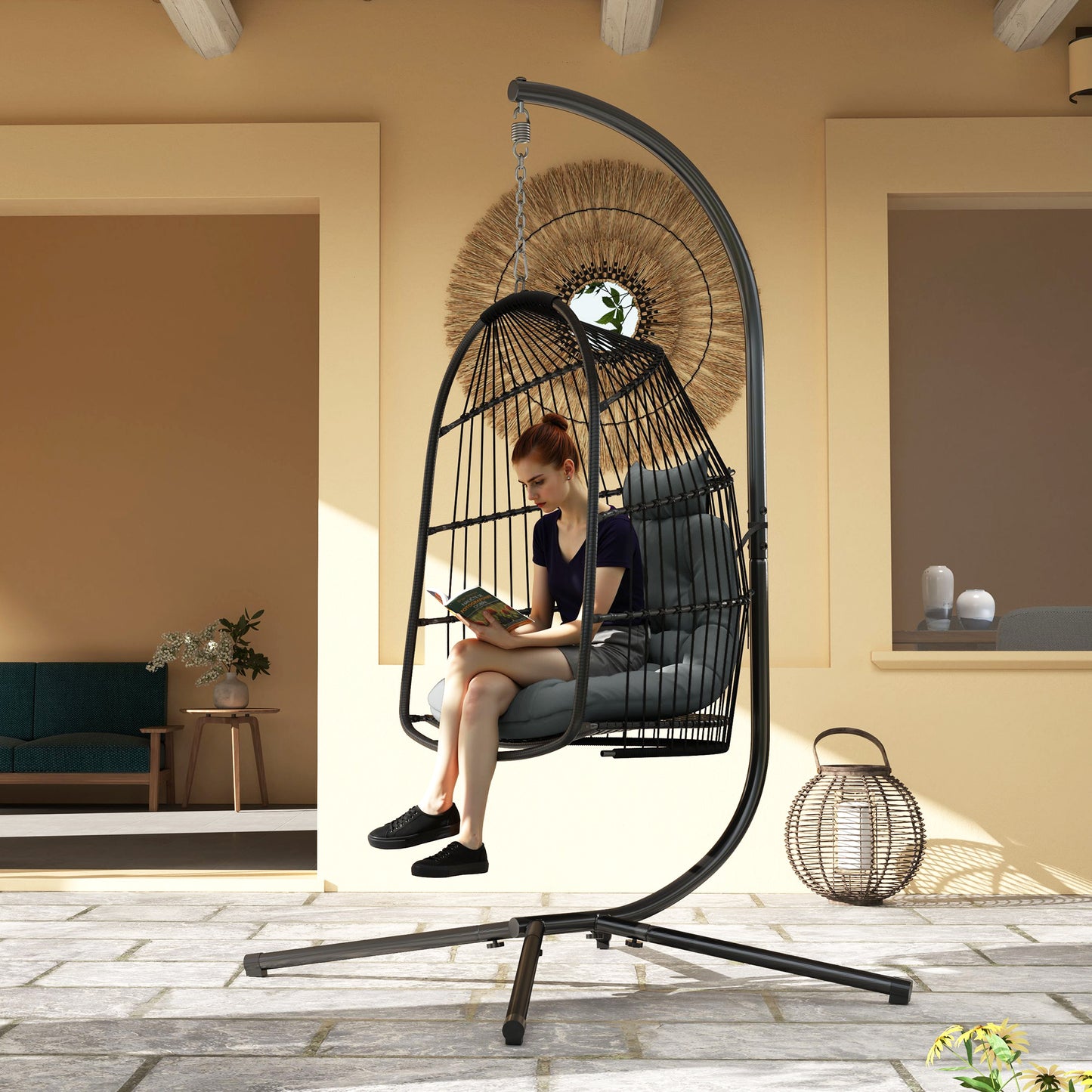 Hanging Egg Chair Outdoor Indoor Rattan Swing Chair with Installation Kit, Foldable Garden Hanging Seat with Thickened Cushion, Headrest