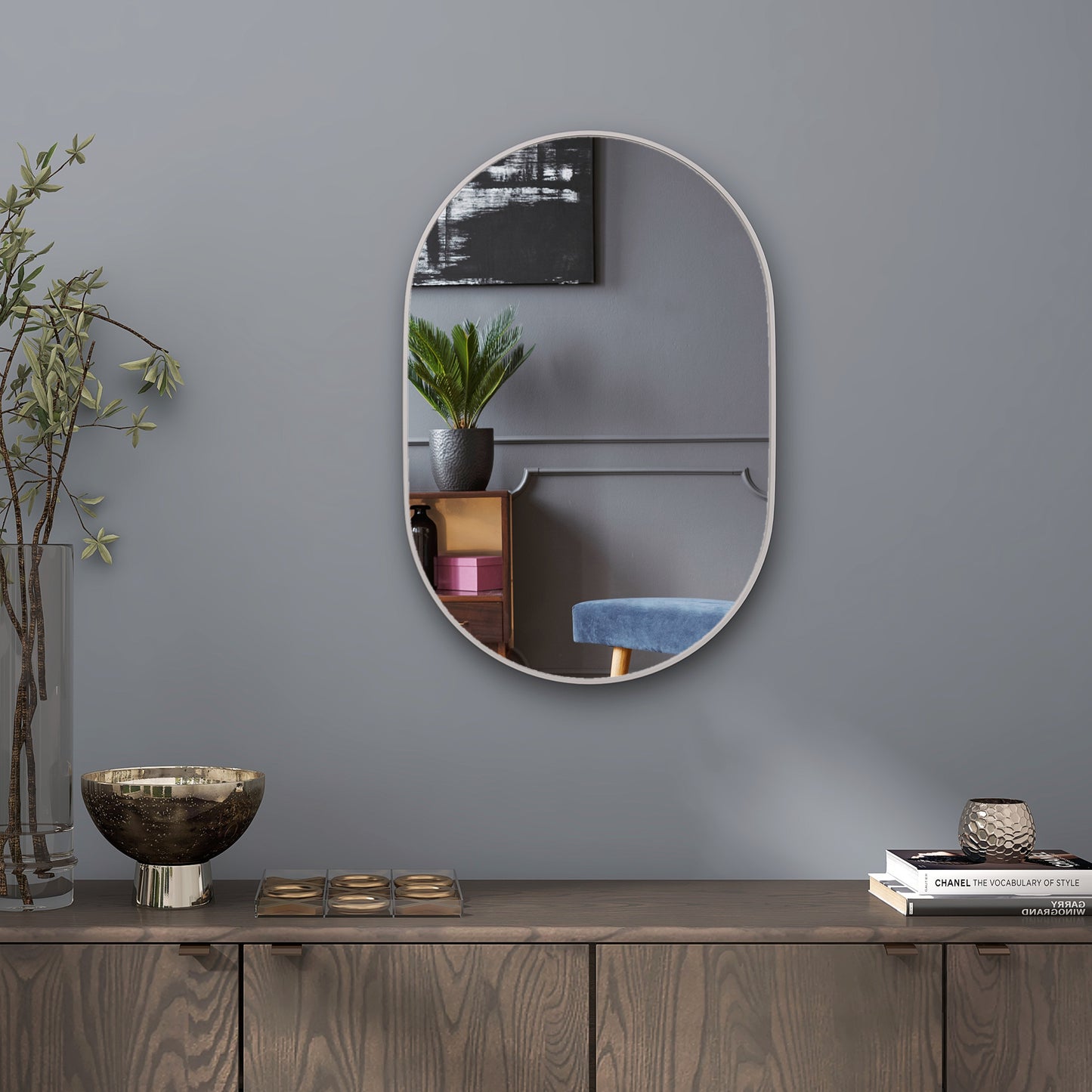 Oval Bathroom Mirror, Modern Wall-mounted Vanity Mirror with Aluminium Frame for Living Room, Entryways, Horizontal or Vertical, 60 x 90cm, Silver