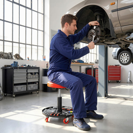 Rolling Mechanical Workshop Stool | Pneumatic Height Adjust | Tool Tray | PU Padded Seat | 110kg | Orange