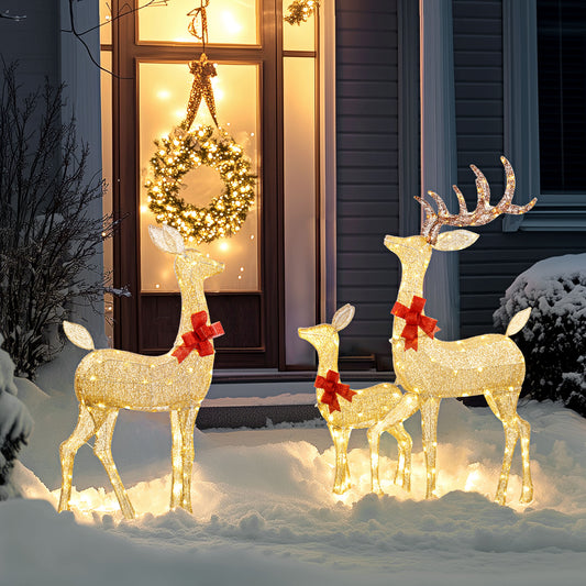 Lighted Reindeer Christmas Decorations Outdoor, 3-Piece Light Up Deer Family Set of 3 with 283 LED Lights for Indoor, Lawn, Garden, Gold Tone