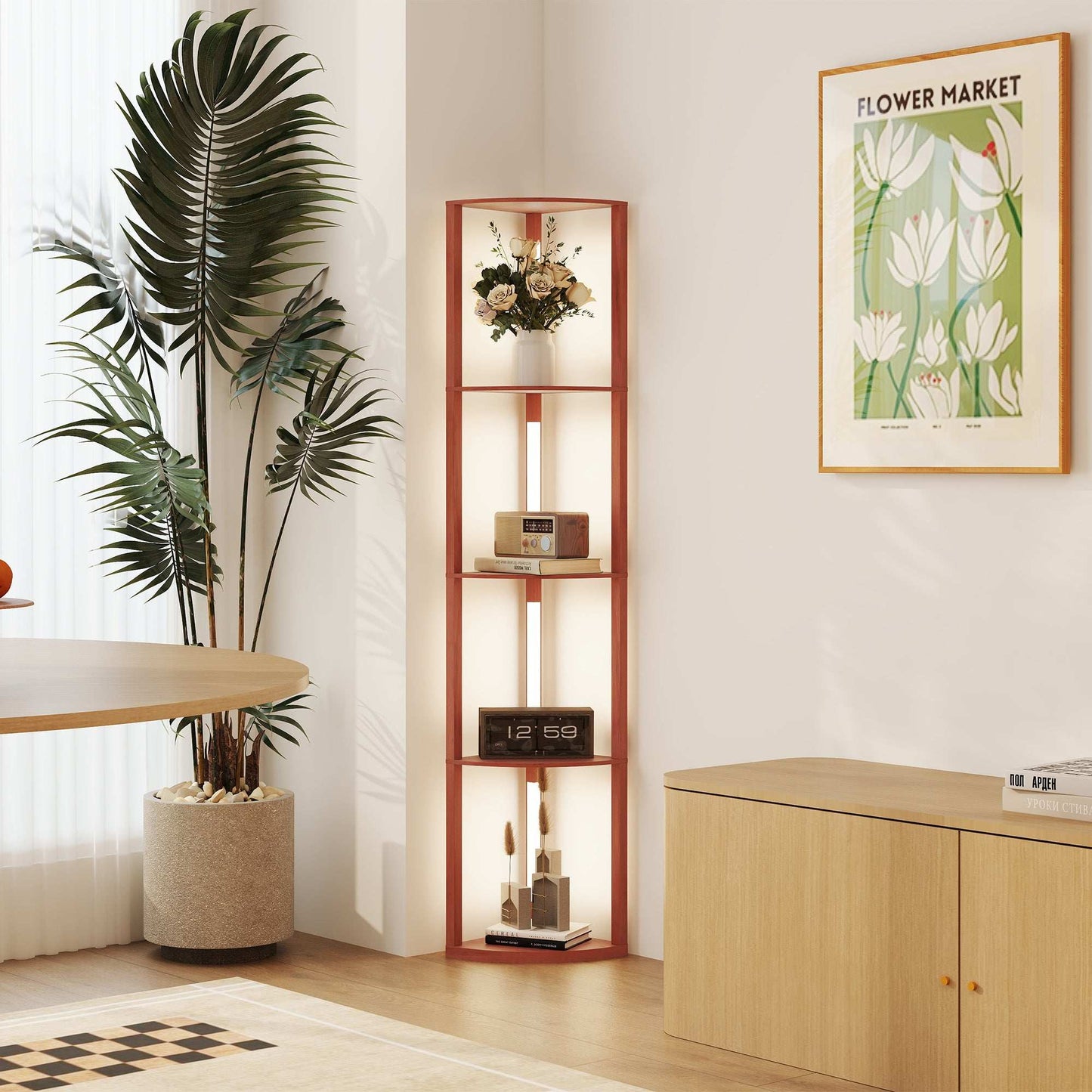 Corner Floor Lamp for Living Room Bedroom with Dimmable Warm White LED Light, Modern Tall Standing Lamp, Brown