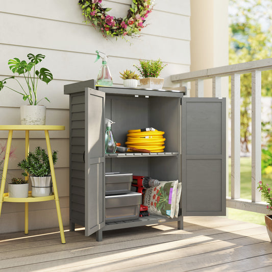 2-in-1 Fir Wood Potting Table & Garden Tool Storage Shed | Galvanised Metal Worktop | Double Doors | Shelf | Side Hooks | Raised Base | Water-Based Paint | 71.5x39x95cm | 30kg Capacity | Grey