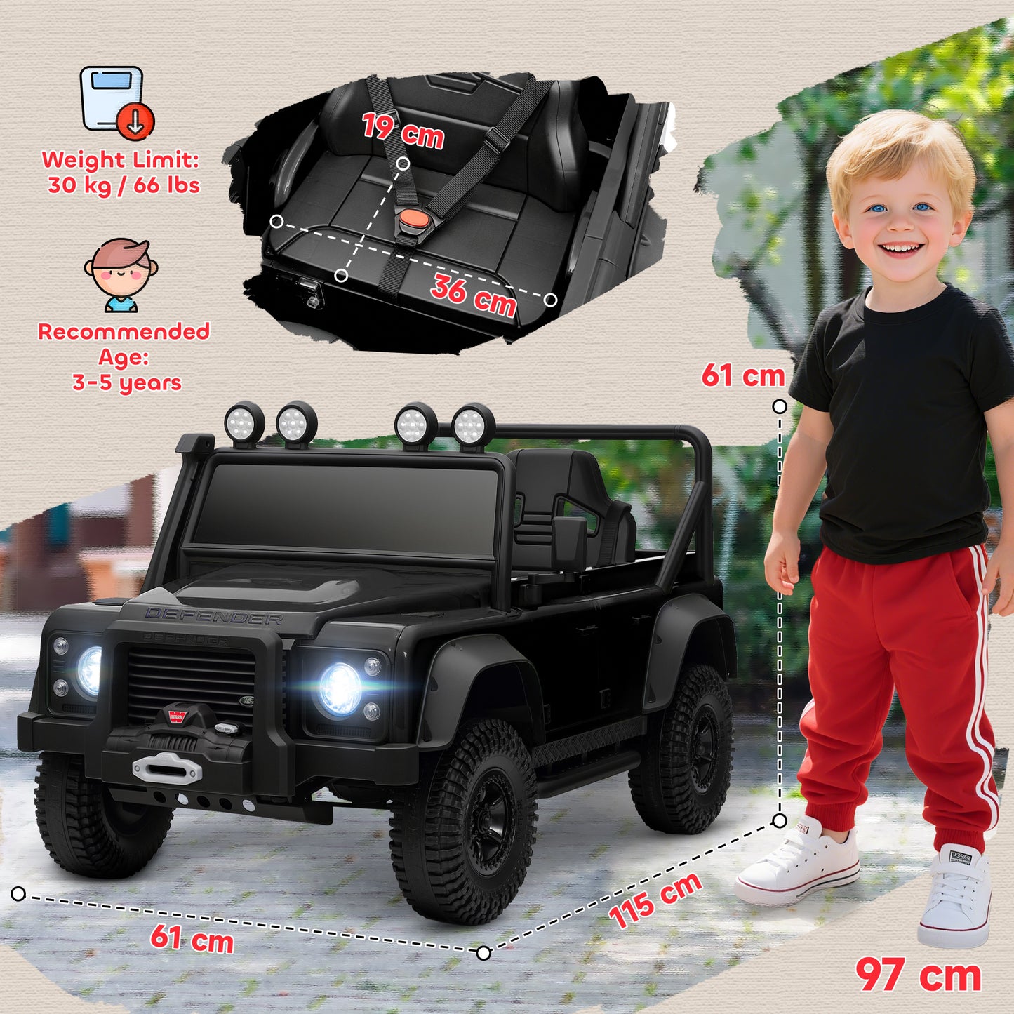 AIYAPLAY Kids Official Licensed Land Rover Defender 110 SVX Ride On Car with Remote Control, Music, Horn, 4 Spring Suspension Wheels, LED Lights for 3-5 Years Old