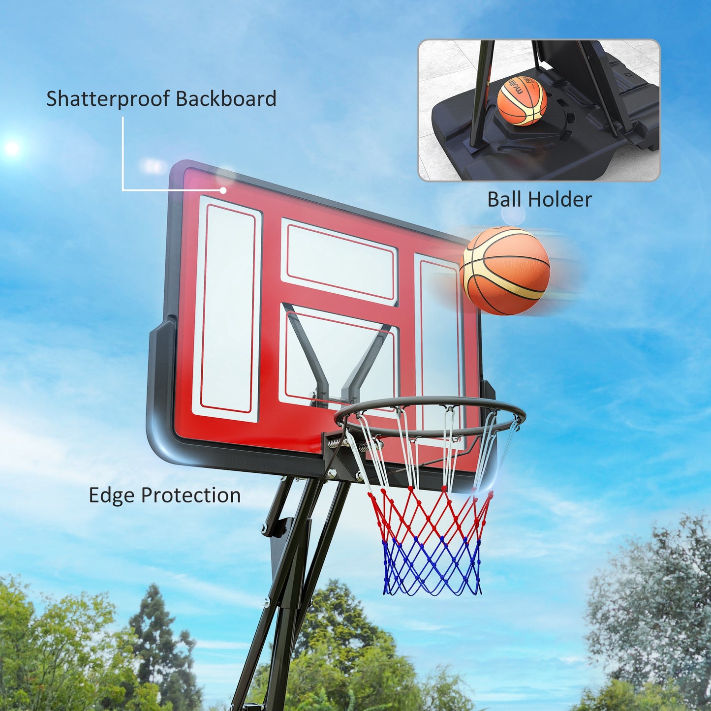 Basketball Hoop Outdoor, Height Adjustable With Stand And Rebound System, Weighted Base, Portable on Wheels for Teens, Juniors, Adults, Red