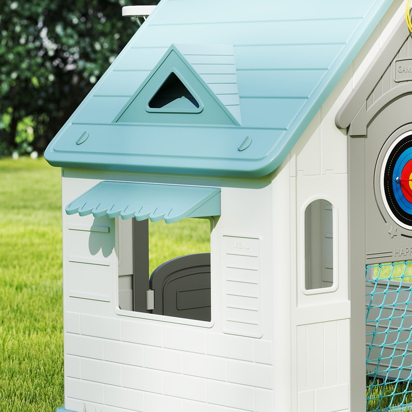 AIYAPLAY 5-in-1 Playhouse for Kids Outdoor Indoor with Basketball Hoop, Football Goal, Dartboard, Ring Toss for 2-5 Years, Beige / Pink