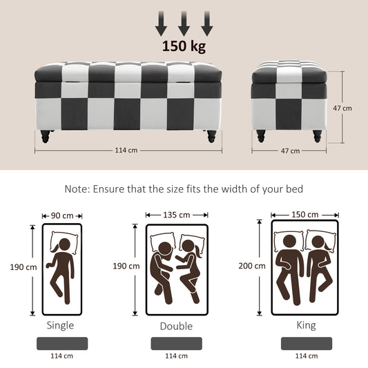 114 x 47 x 47cm Velvet Storage Ottoman, Button-tufted Footstool Box, Toy Chest with Lid for Living Room, Bedroom, Dark Grey and White