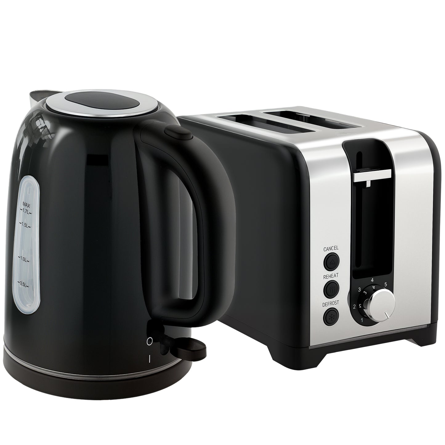 Simple Polished Toaster and Kettle Set - Silver Tone / Black Tone