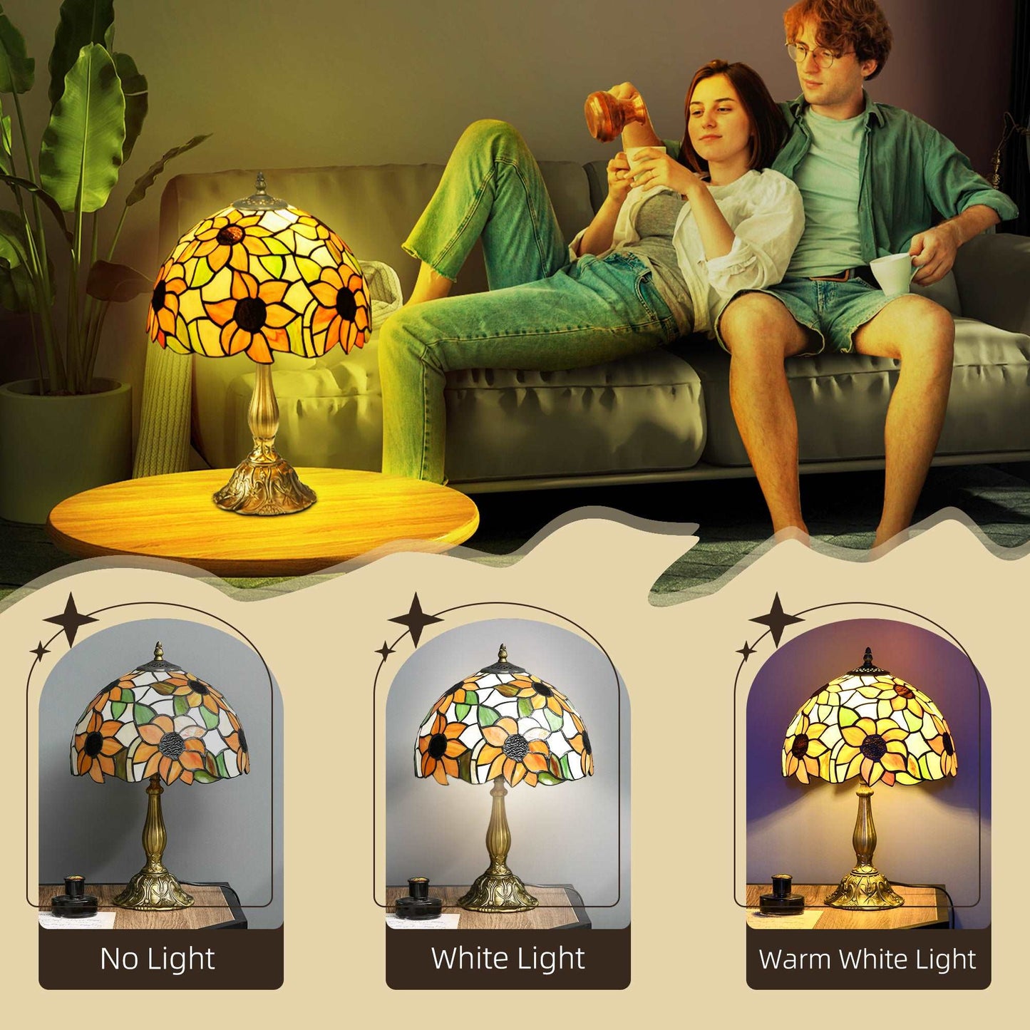 Stained Glass Table Lamp, Handmade Antique Style Bedside Lamp for Bedroom, Living room, Home, Nightstand, Decorative Night Light, Orange Sunflower