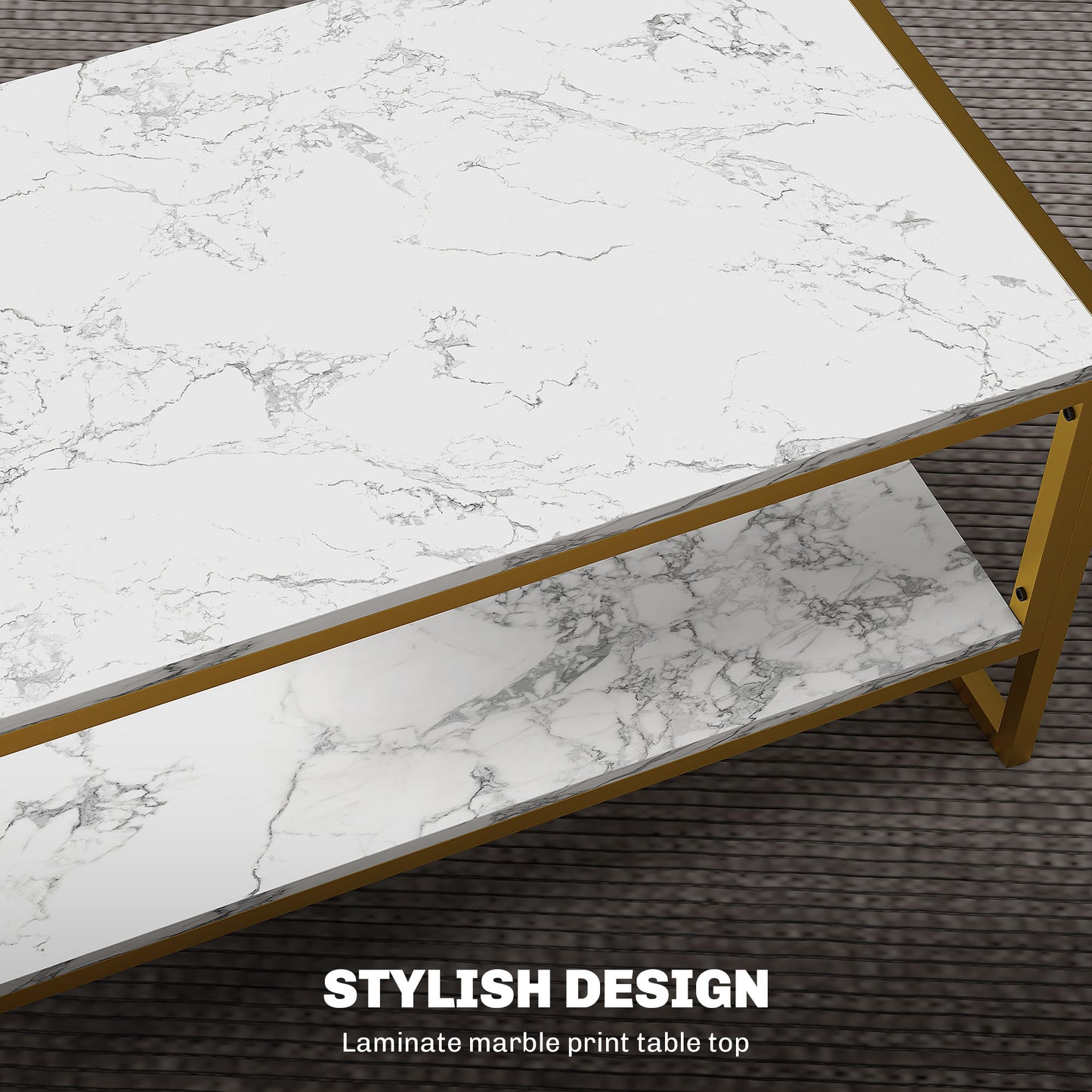 Two-Tier Coffee Table, Modern Marble Effect Center Table with Storage Shelf and Metal Frame, Tea Table for Living Room, White