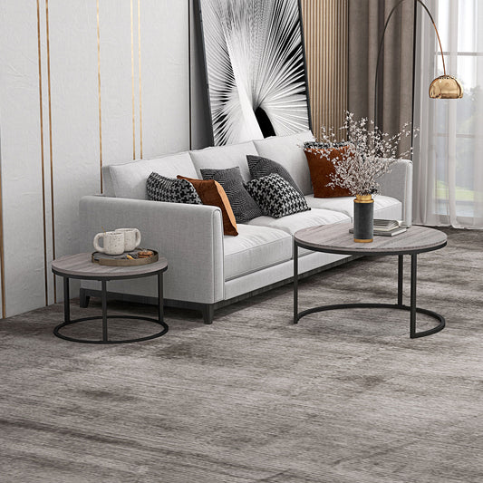 Industrial Nesting Coffee Table Set of 2, Round Coffee Tables, Living Room Table with Wood Effect Top and Steel Frame