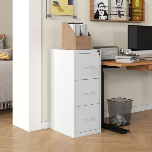 Three-Drawer Modern Steel Filing Cabinet Organiser Storage Unit - White