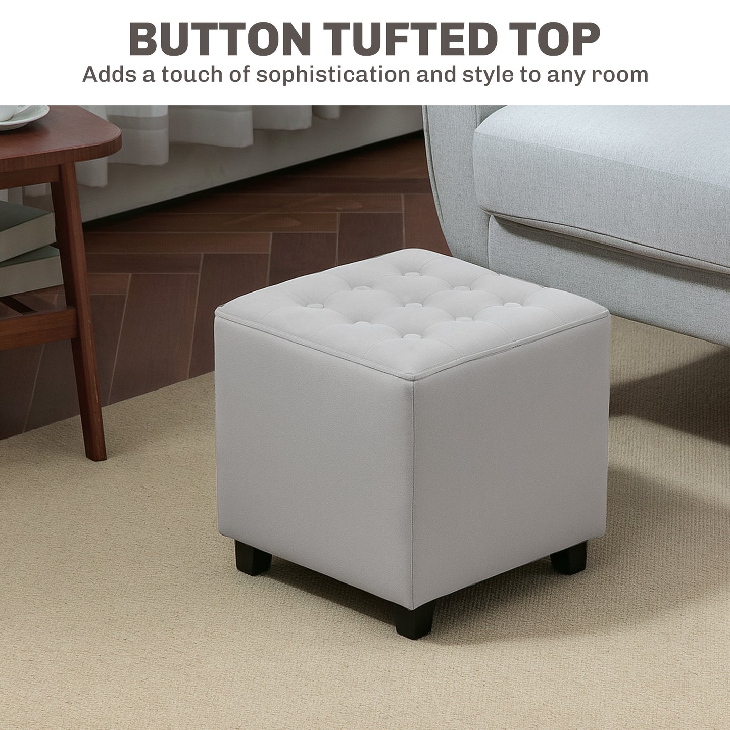 Velvet-Feel Square Ottoman - Light Grey