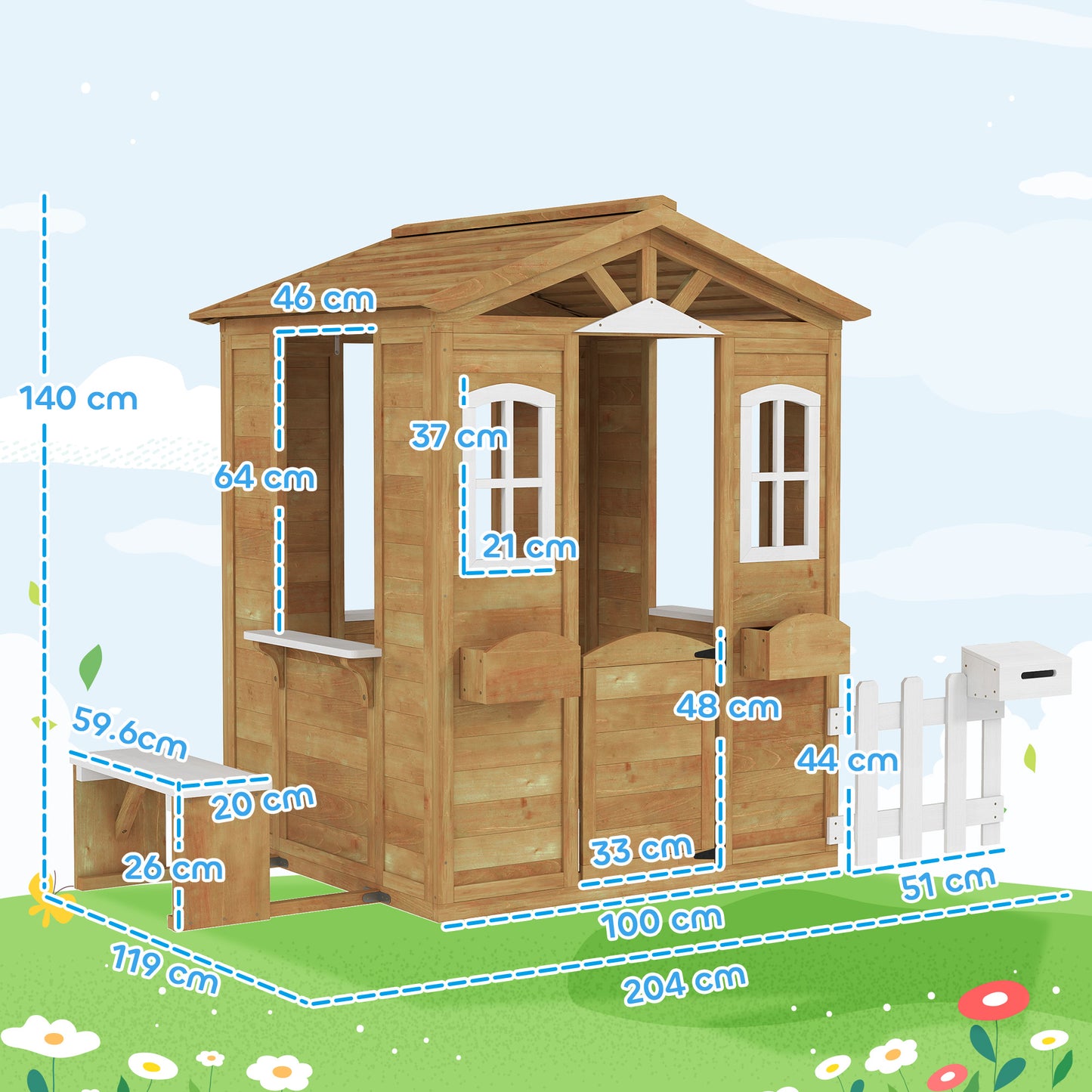 Outsunny Wooden Playhouse for Kids with Door, Windows, Mailbox, Flower Pot Holder, Serving Station, Bench for Children, Yellow