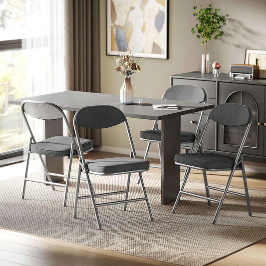 Set of 4 Folding Corduroy Chairs | High Back | Padded Seat & Back | Steel Frame | 120kg | No Assembly | Dark Grey