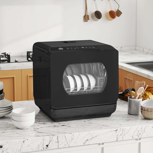 Table Top Dishwasher with Built-in 6L Water Tank, Mini Countertop Dishwasher with 6 Programs, 4 Place Settings, Black