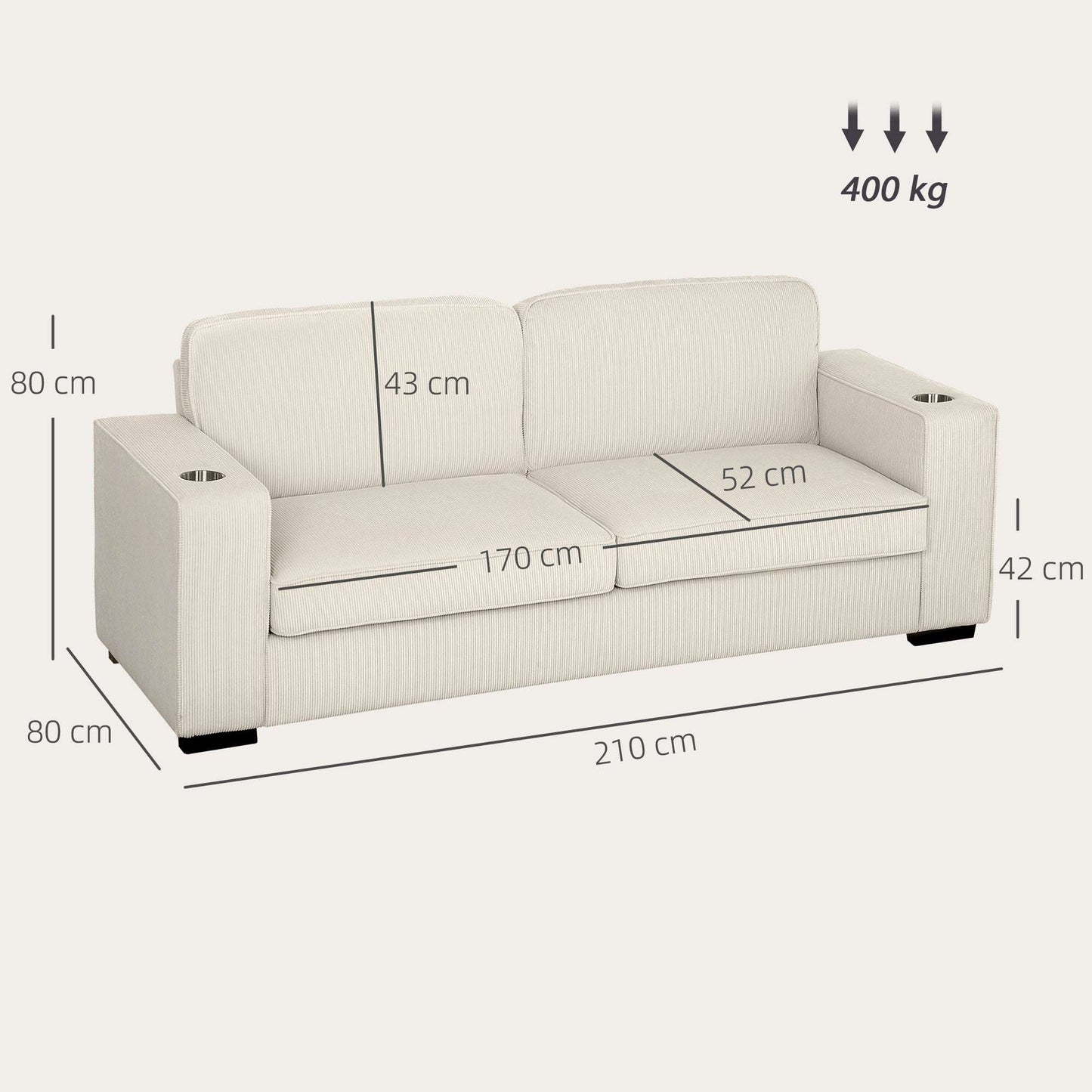 Modern Three Seater Sofa with Spring Cushion - Cream White