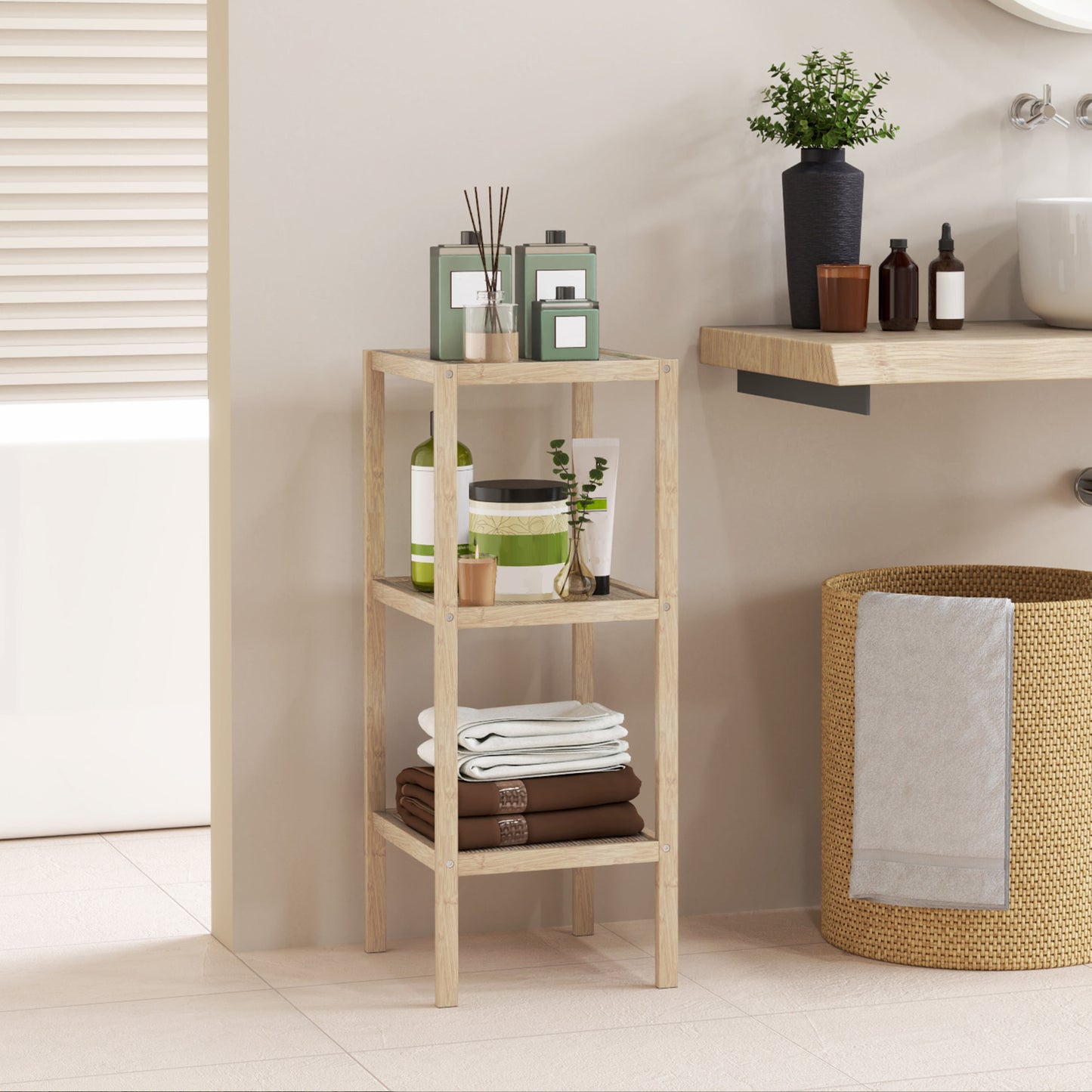 3-Tier Bamboo Bathroom Storage Shelves, Freestanding Storage Shelving Unit, Multifunctional Display Plants Stand Shelf Rack Organiser, Natural