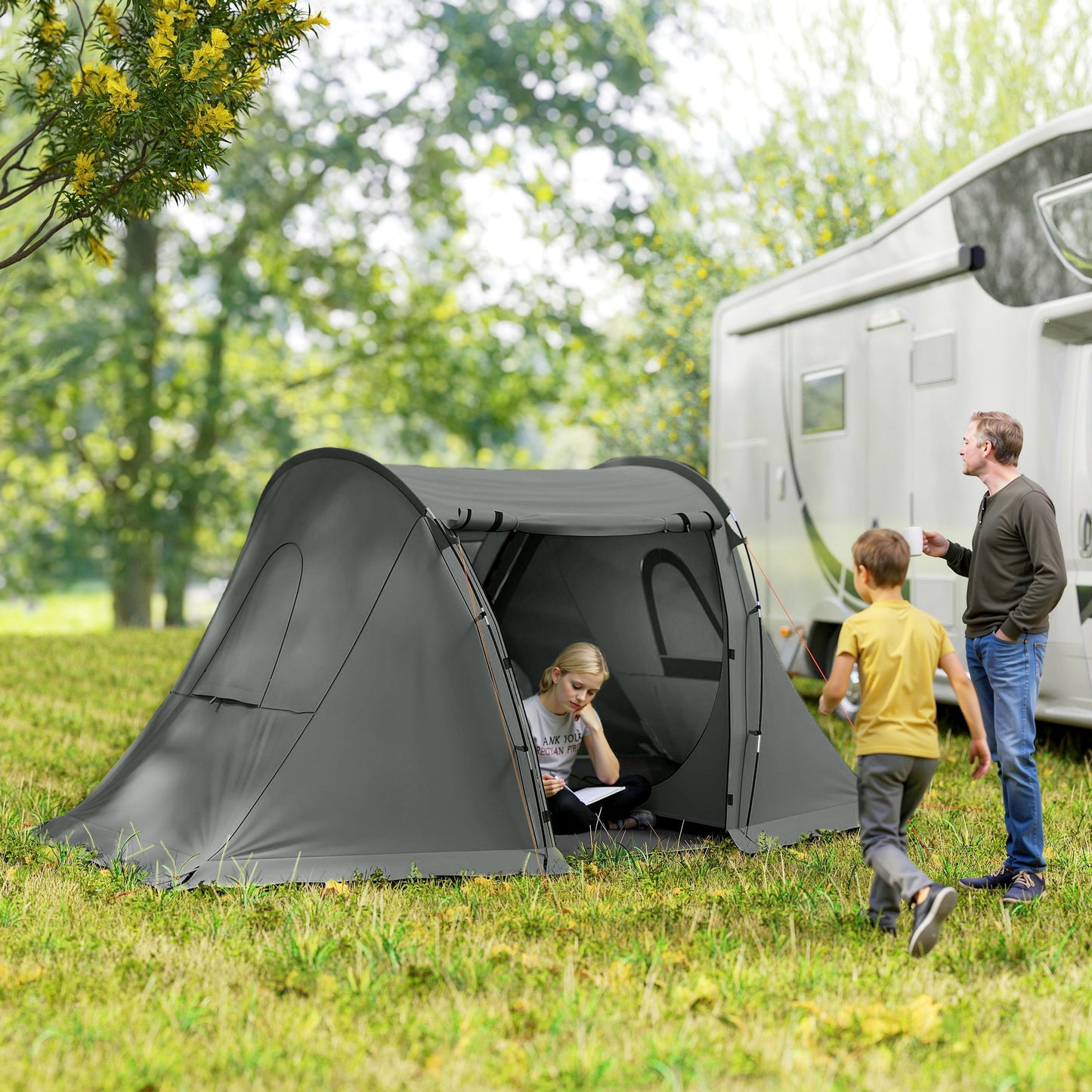 3 Man Camping Tent with Living Area and 2 Bedrooms, 3000mm Waterproof Family Tent with Sewn-in Groundsheet for Hiking, Festival, Backpacking