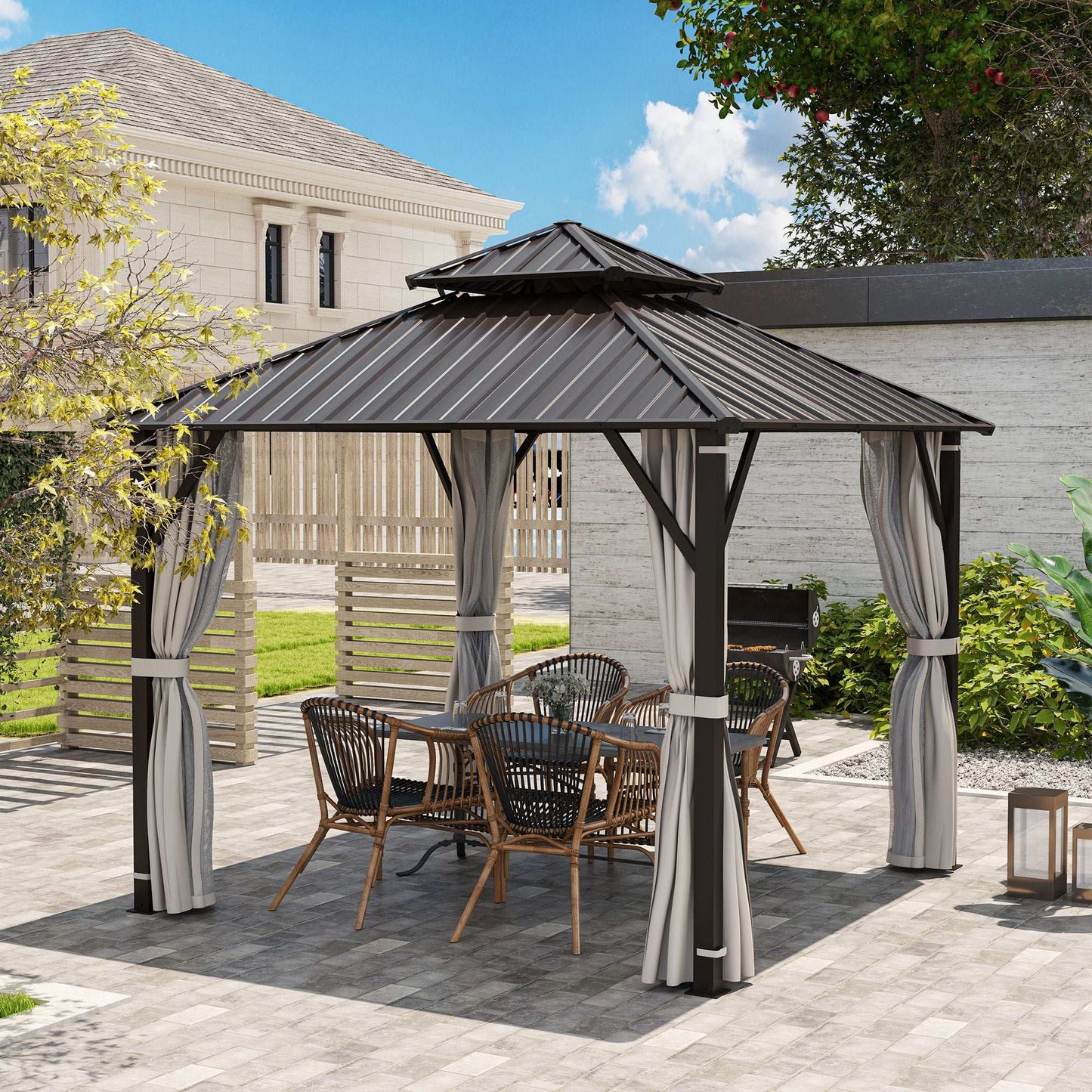 3 x 3(m) Hardtop Gazebo Canopy with Double Metal Roof, Waterproof Permanent Pavilion Garden Gazebo with Netting and Curtains