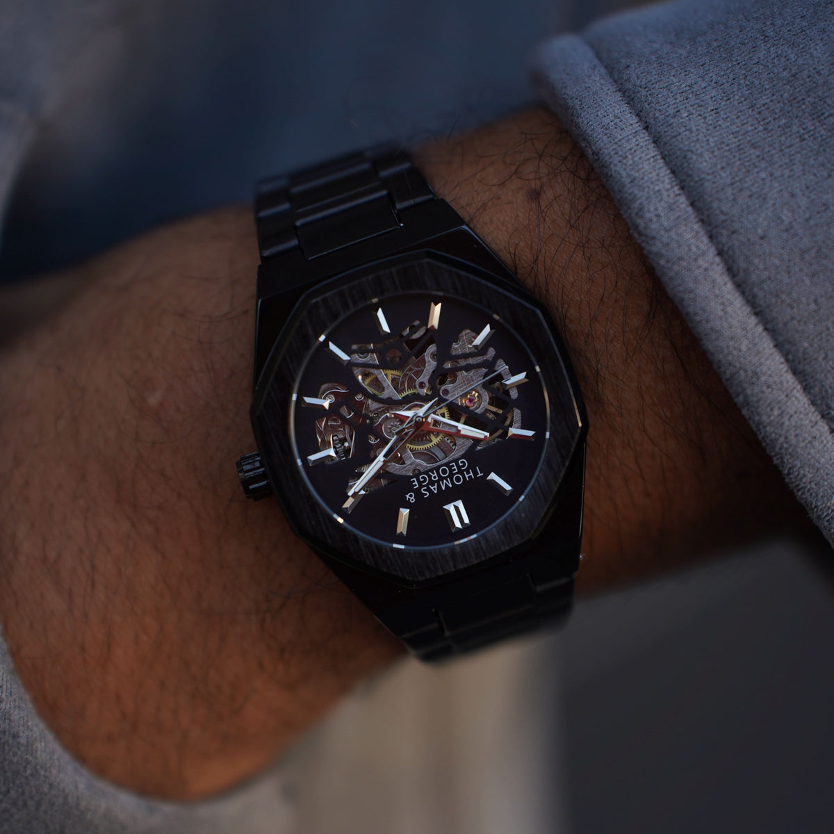 Thomas & George London Black Edition Automatic Skeleton Watch | 41.3mm Octagonal Alloy Case | Black Stainless Steel Bracelet | Optional Luxury Box