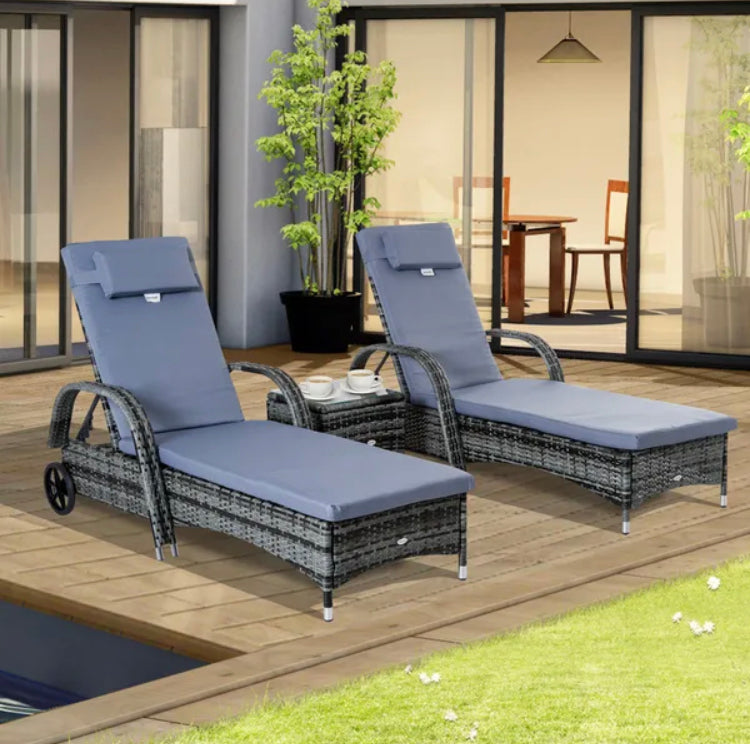Outsunny Rattan Sun Lounger Chairs Set with Side Table - Grey