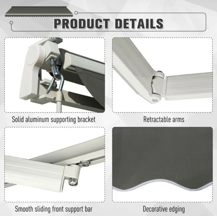 Manual Awning Canopy Sun Shade Shelter Retractable for Garden - Different Sizes - Grey