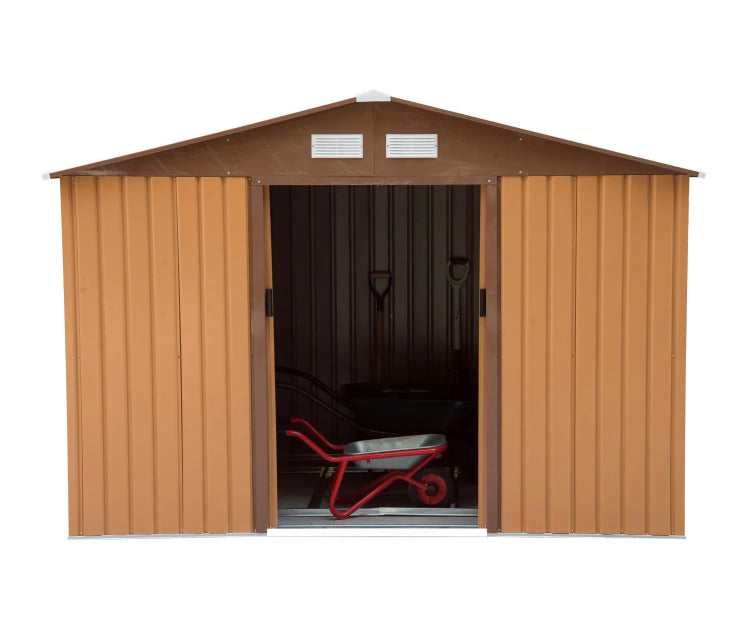Outsunny Lockable Garden Shed Large Patio Tool Metal Storage Building Foundation Sheds Box Outdoor Furniture (9Ft X 6Ft, Khaki)