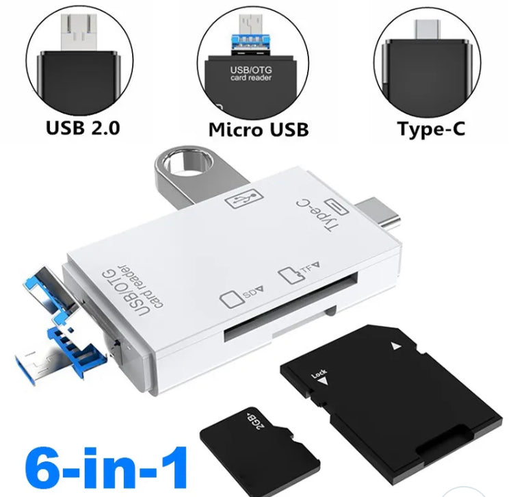 6-in-1 Memory Card Reader | USB-A USB Type-C Micro USB | TF SD OTG | Plug & Play | 512GB | Windows Mac Linux | Black or White