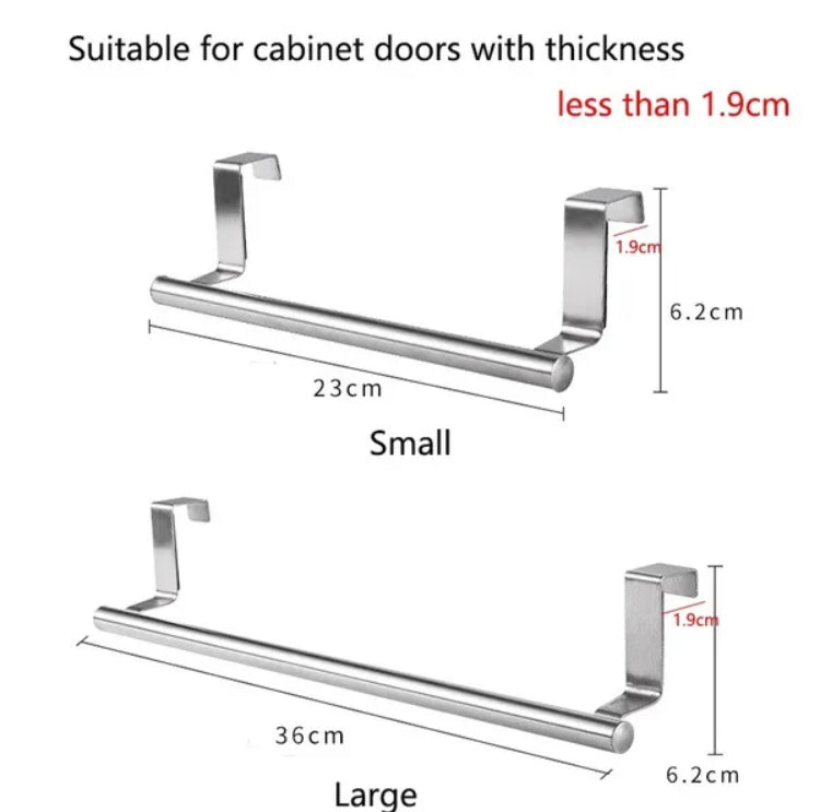 Over Door Stainless Steel Towel Rail & Rack | Kitchen Bathroom Cabinet Organiser | No Drilling | Small 23.5cm or Large 37.5cm