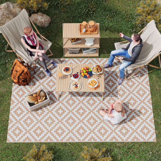 Reversible Outdoor Rug | Waterproof | UV-Resistant Polypropylene 310g | Reinforced Edges | Foldable | 274x182cm | Coffee & White | Patio Garden Camping Beach RV Campervan