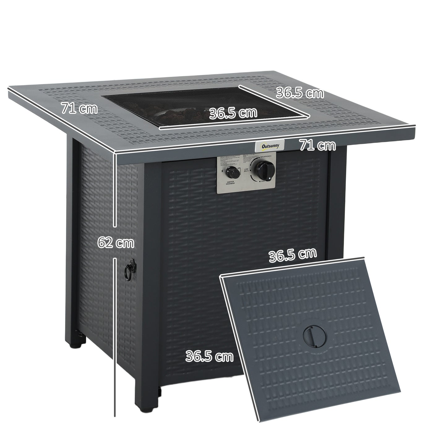 Outsunny Square Propane Gas Fire Pit Table, 40000 BTU Rattan Smokeless Firepit Patio Heater with Lava Rocks and Lid, 71cm x 71cm x 62cm, Dark Grey